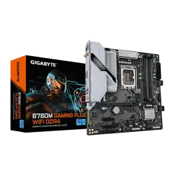 Carte mère Gigabyte B760M Gaming Plus WiFi DDR4 Intel B760 LGA1700 Micro ATX Gris, vue avant avec boîte: PCB gris