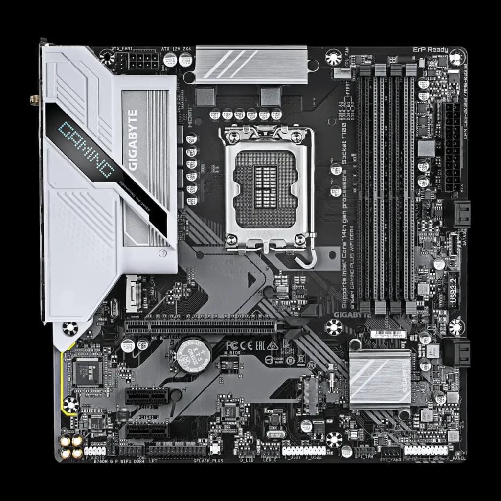 Placa base Gigabyte B760M Gaming Plus WiFi DDR4 Intel B760 LGA1700 Micro ATX Gris, vista superior: socket LGA1700, ranuras