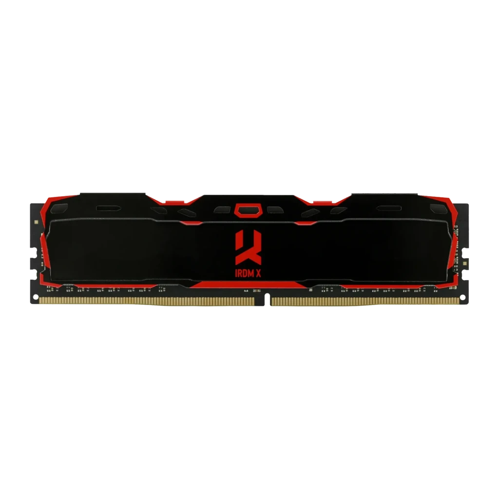 Memória RAM GoodRam IRDM X DDR4 3200MHz 16GB CL16 1x16GB Preto, vista frontal: dissipador preto com logótipo IRDM X vermelho