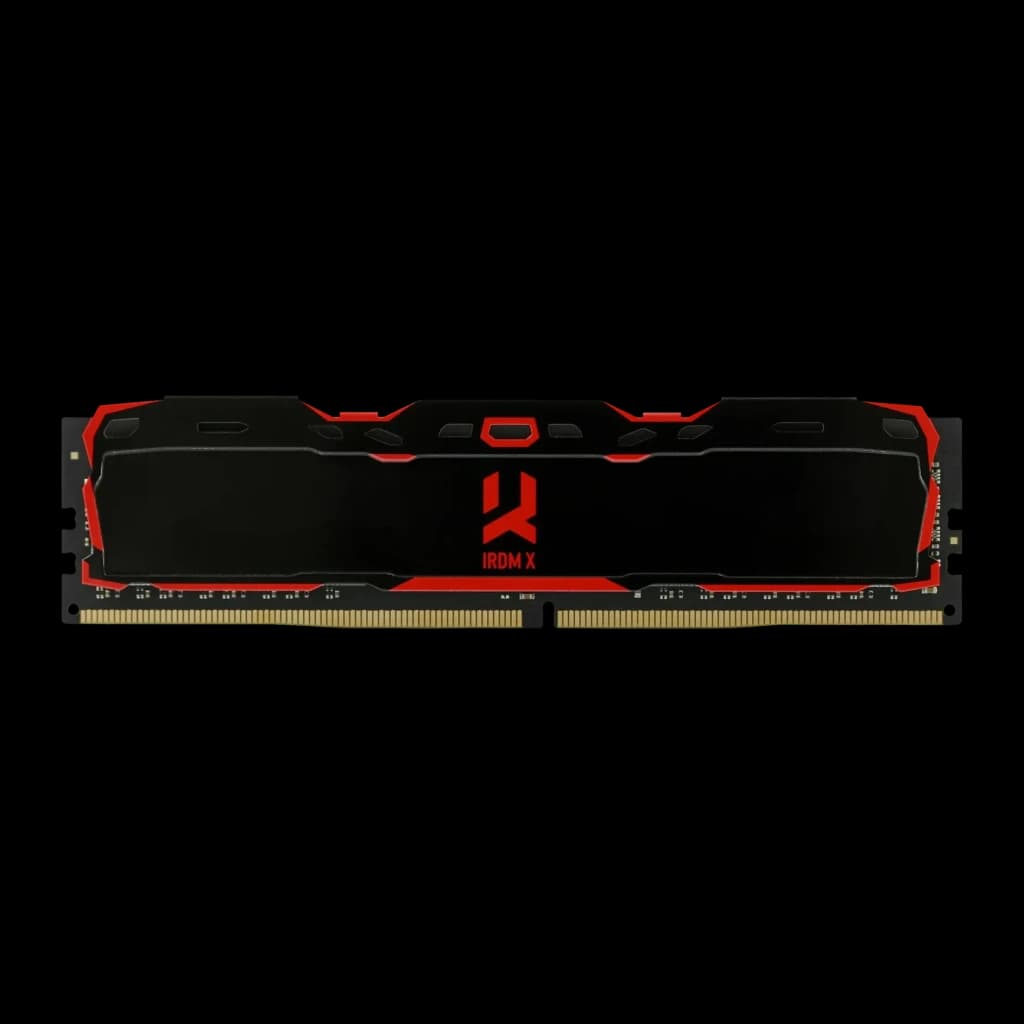 Memória RAM GoodRam IRDM X DDR4 3200MHz 16GB CL16 1x16GB Preto, vista frontal: dissipador preto com logótipo IRDM X vermelho