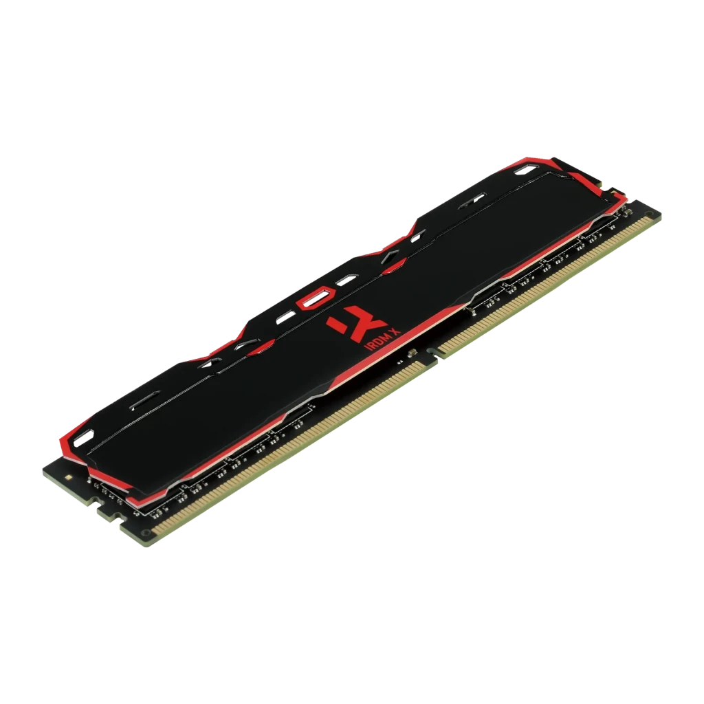 Memória RAM GoodRam IRDM X DDR4 3200MHz 16GB CL16 1x16GB Preto, vista em perspectiva: dissipador preto com bordas vermelhas