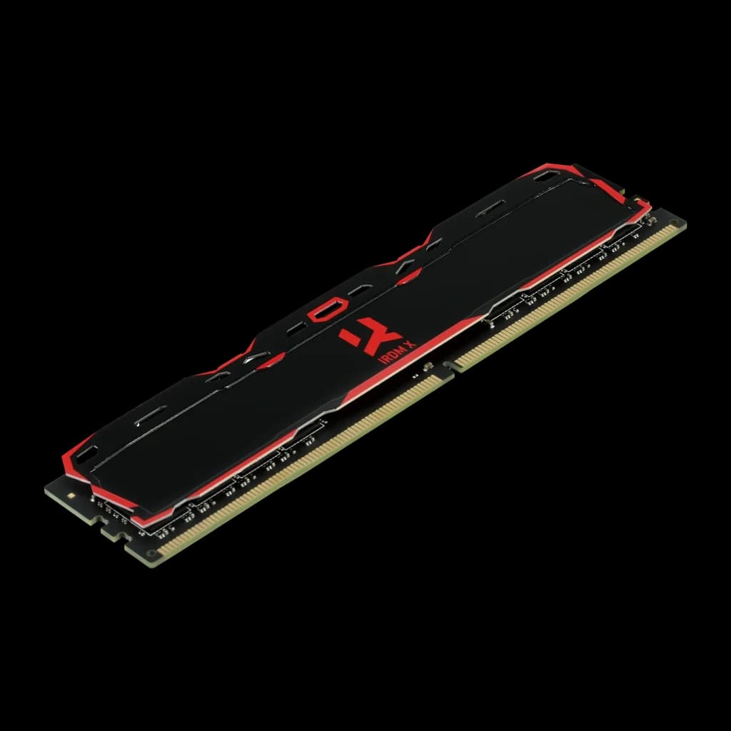 Memória RAM GoodRam IRDM X DDR4 3200MHz 16GB CL16 1x16GB Preto, vista em perspectiva: dissipador preto com bordas vermelhas