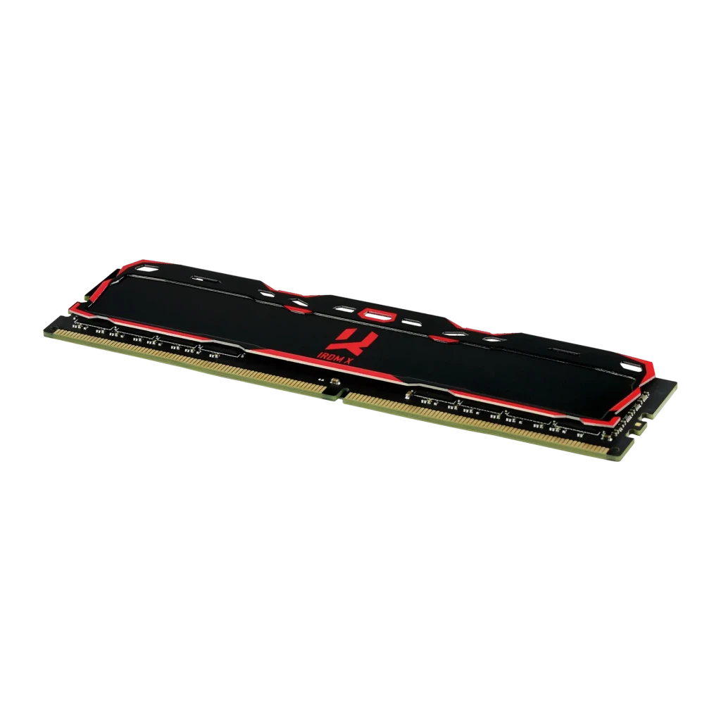 Memória RAM GoodRam IRDM X DDR4 3200MHz 16GB CL16 1x16GB Preto, vista em perspectiva: dissipador preto com logo IRDM X