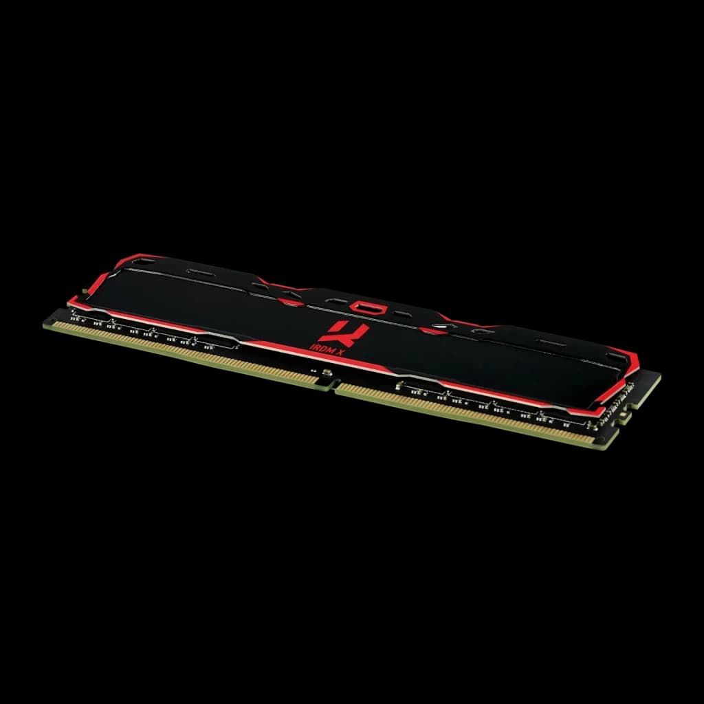 Memória RAM GoodRam IRDM X DDR4 3200MHz 16GB CL16 1x16GB Preto, vista em perspectiva: dissipador preto com logo IRDM X