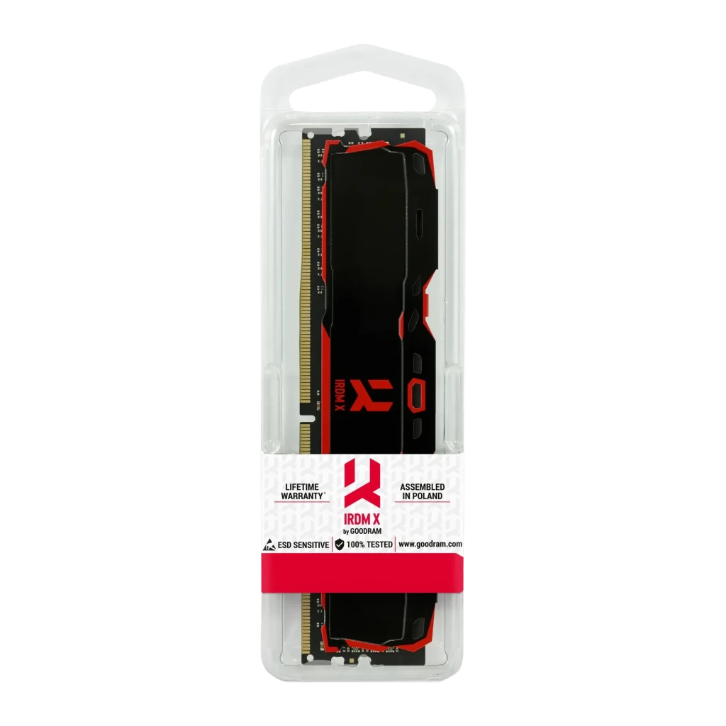 Memória RAM GoodRam IRDM X DDR4 3200MHz 16GB CL16 1x16GB Preto, vista frontal em blister: dissipador preto com logótipo