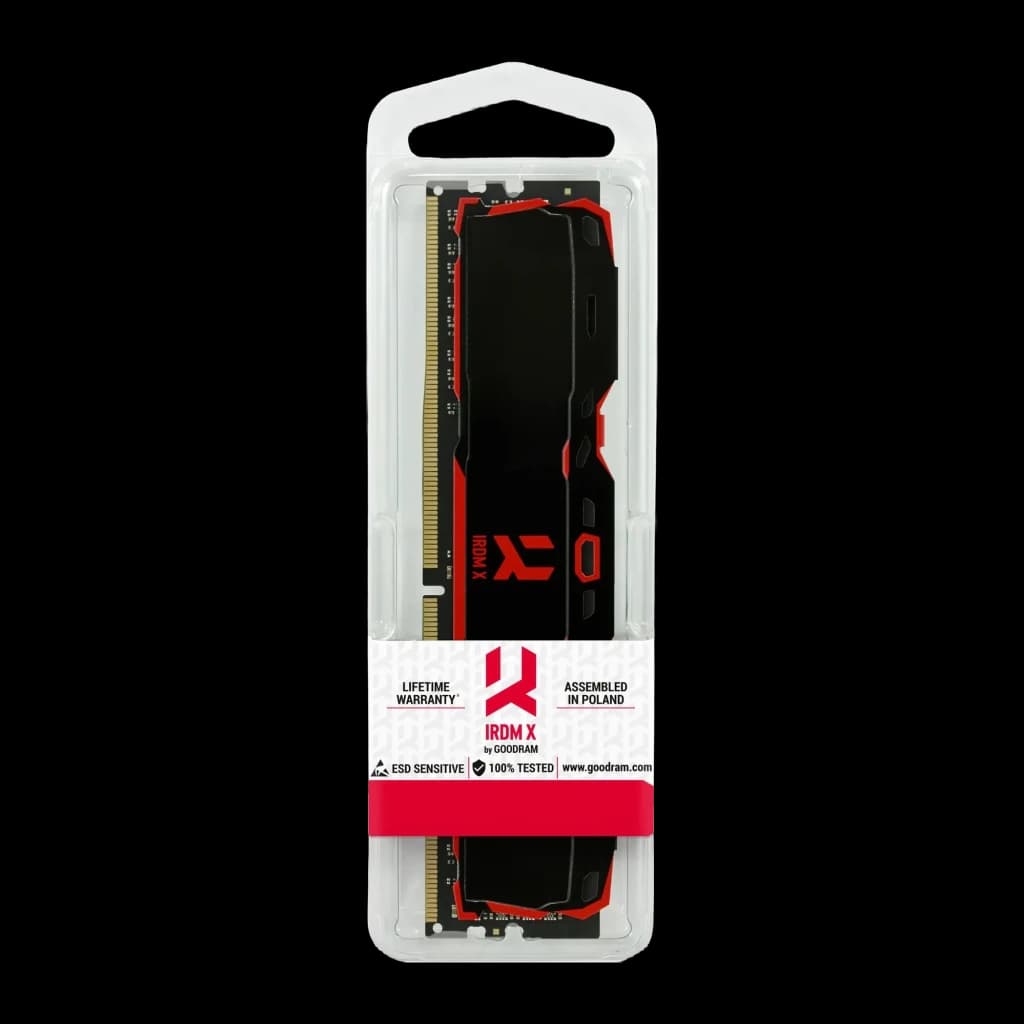 Memória RAM GoodRam IRDM X DDR4 3200MHz 16GB CL16 1x16GB Preto, vista frontal em blister: dissipador preto com logótipo