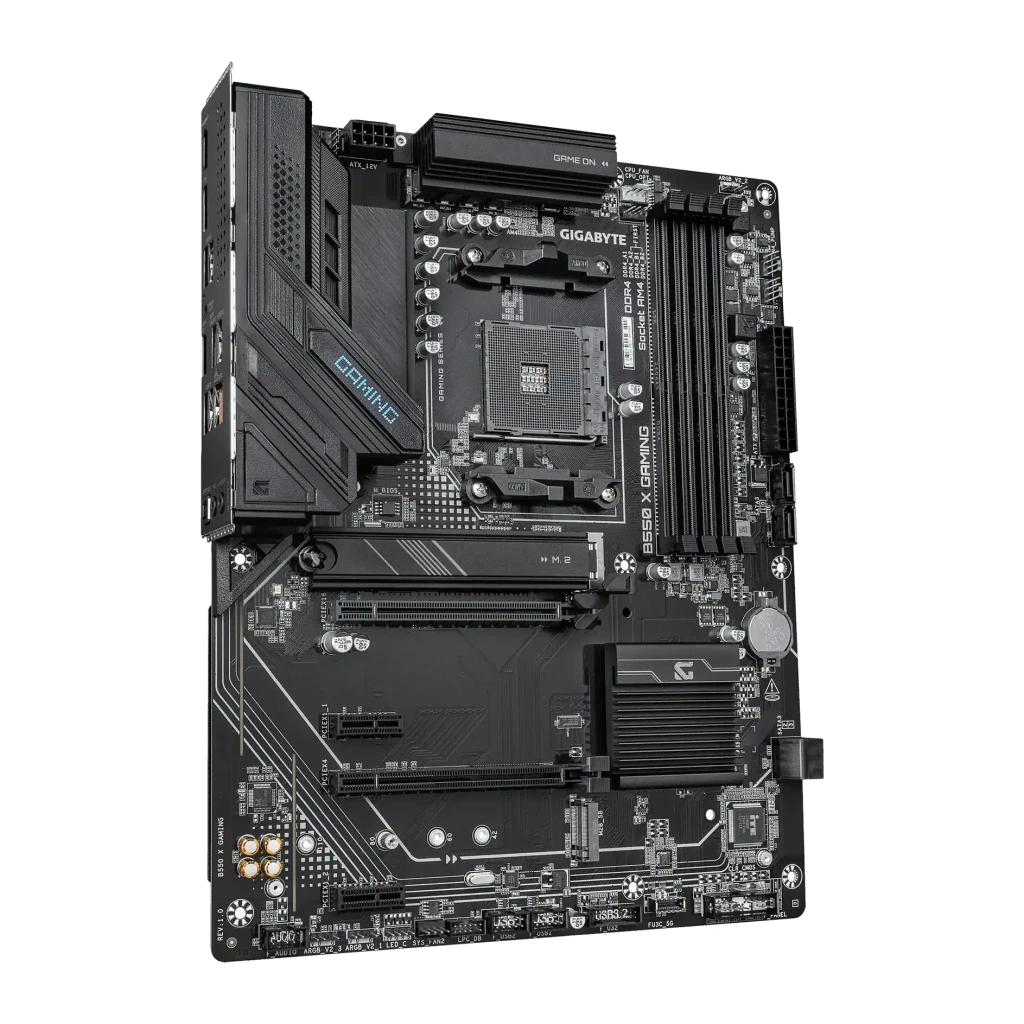 Placa base Gigabyte B550 X Gaming AMD AM4 DDR4 ATX Sin WiFi Marrón, vista angular: socket AM4, ranuras DDR4 y chipset