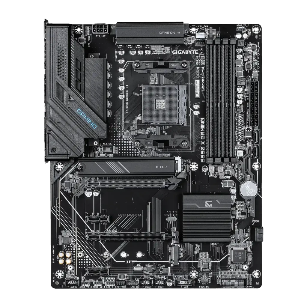 Placa base Gigabyte B550 X Gaming AMD AM4 DDR4 ATX Sin WiFi Marrón, vista superior: socket AM4, ranuras DDR4, slots PCIe