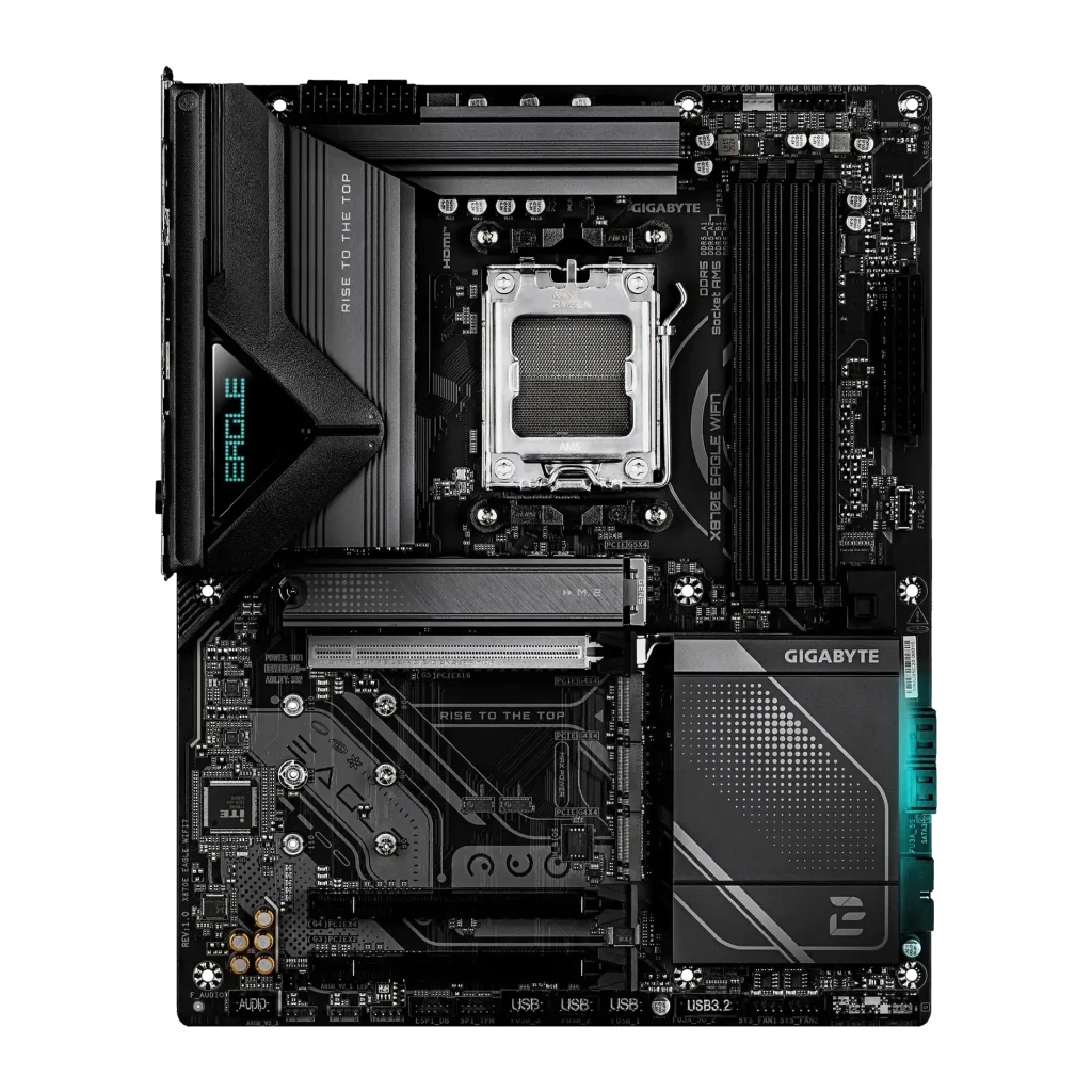 Placa base Gigabyte X870E Eagle WiFi 7 AMD AM5 DDR5 ATX Negro, vista superior: socket AM5, disipadores VRM, ranuras DDR5