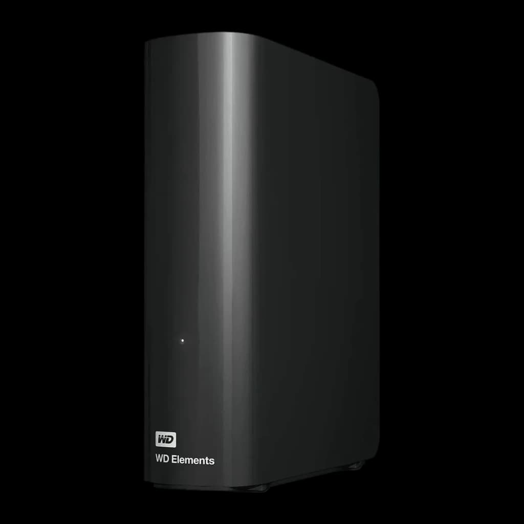 Disco duro externo WD Elements Desktop 22TB USB 3.0 Negro, vista frontal en ángulo: carcasa negra mate con logo WD Elements