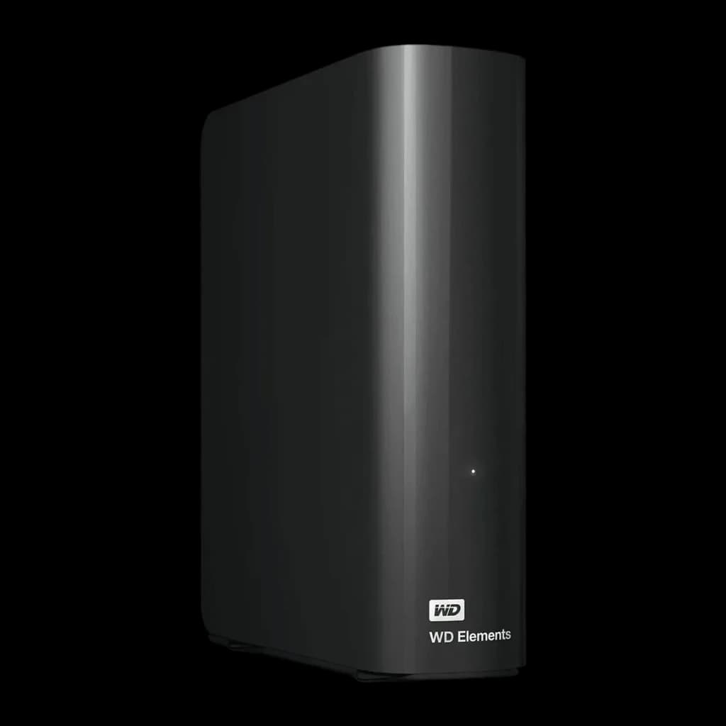 Disco duro externo WD Elements Desktop 22TB USB 3.0 Negro, vista en ángulo: carcasa negra mate con logo WD Elements y LED