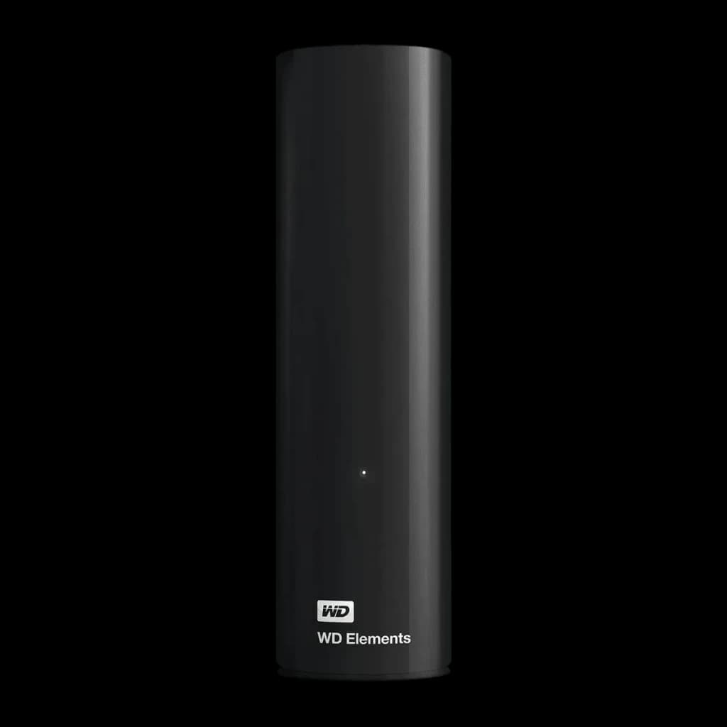 Disco duro externo WD Elements Desktop 22TB USB 3.0 Negro, vista frontal: carcasa negra mate con logo WD Elements y LED