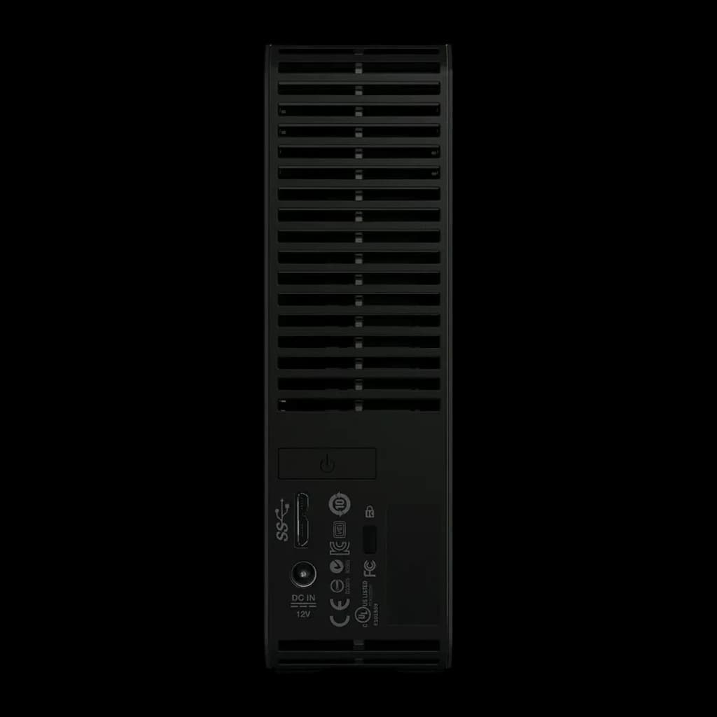 Disco duro externo WD Elements Desktop 22TB USB 3.0 Negro, vista trasera: rejillas de ventilación, puerto USB 3.0, entrada