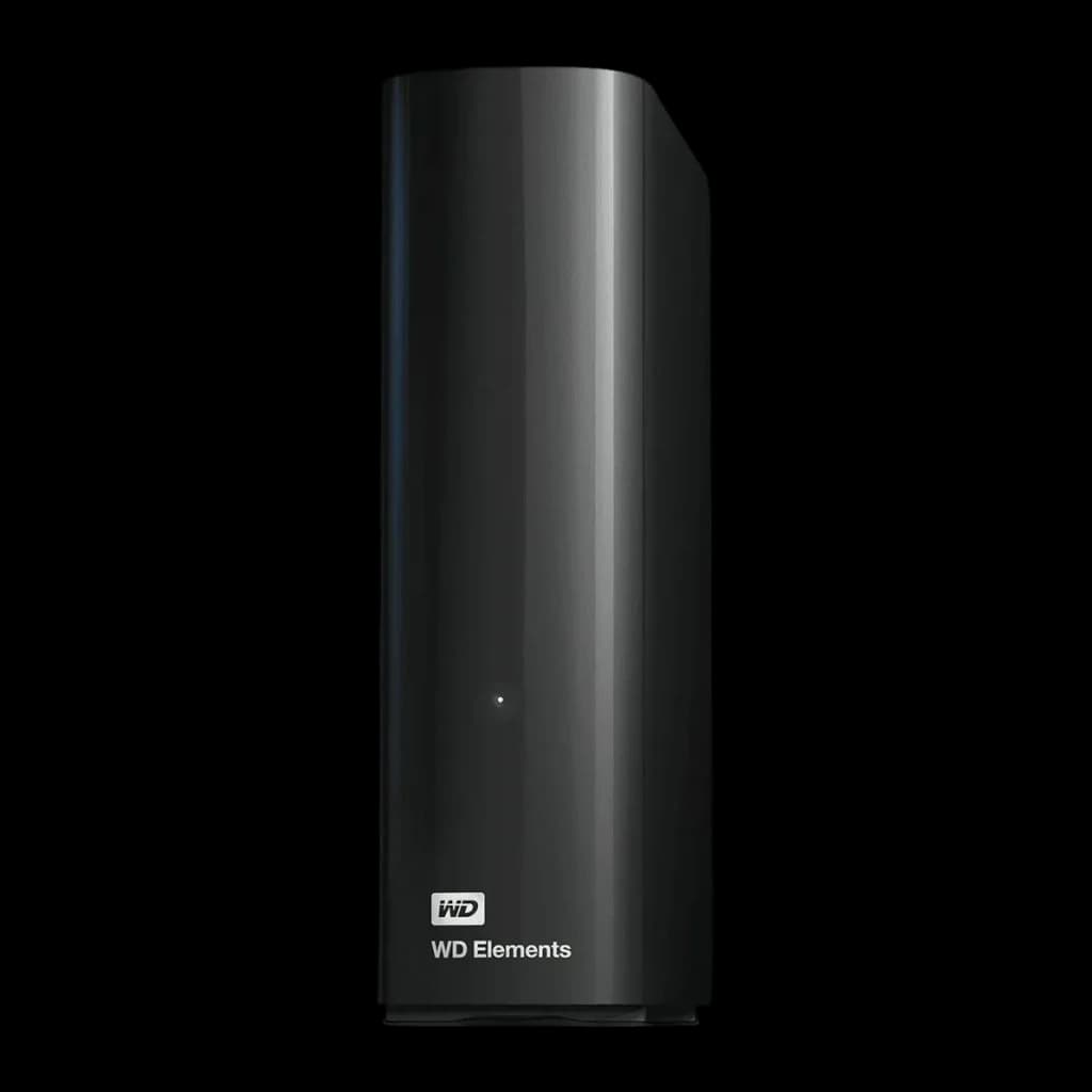 Disco duro externo WD Elements Desktop 22TB USB 3.0 Negro, vista frontal: carcasa vertical brillante con logo WD Elements