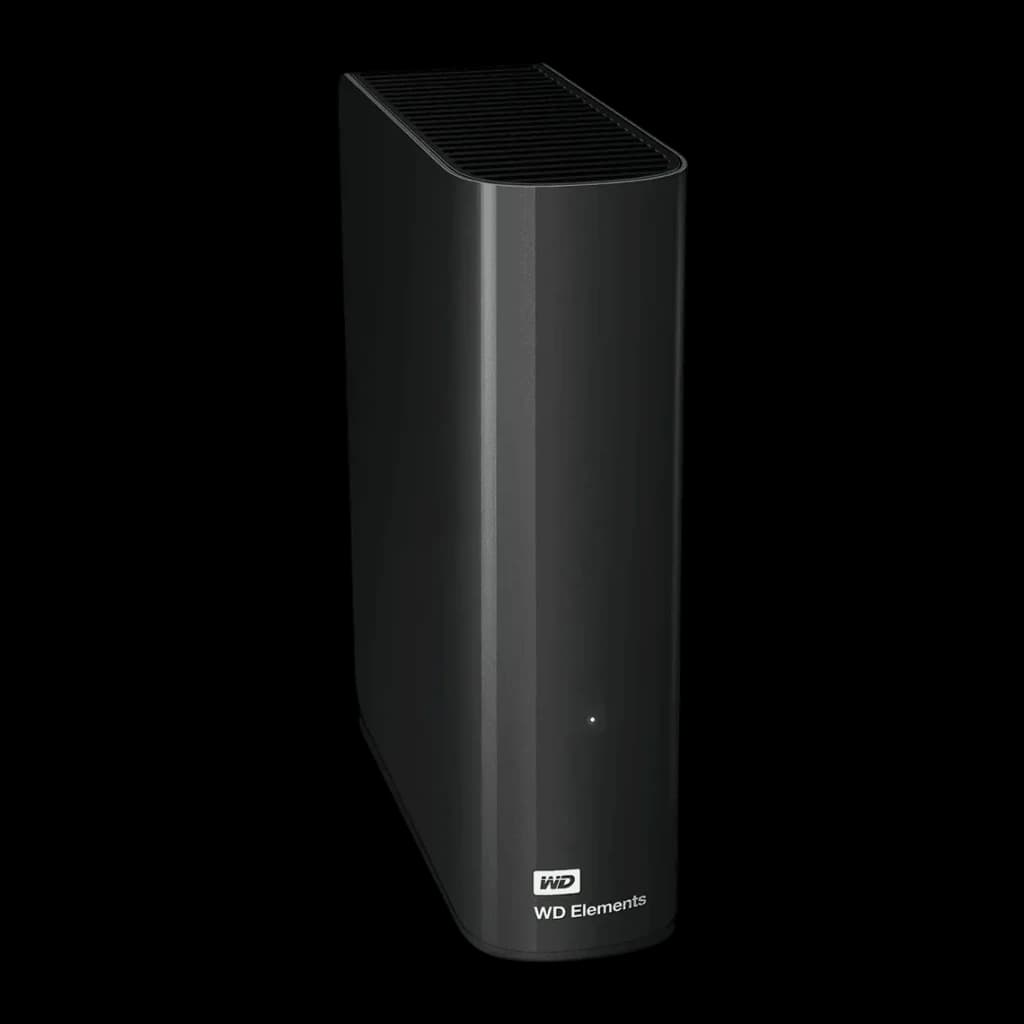 Disco duro externo WD Elements Desktop 22TB USB 3.0 Negro, vista en ángulo: carcasa vertical con rejillas de ventilación