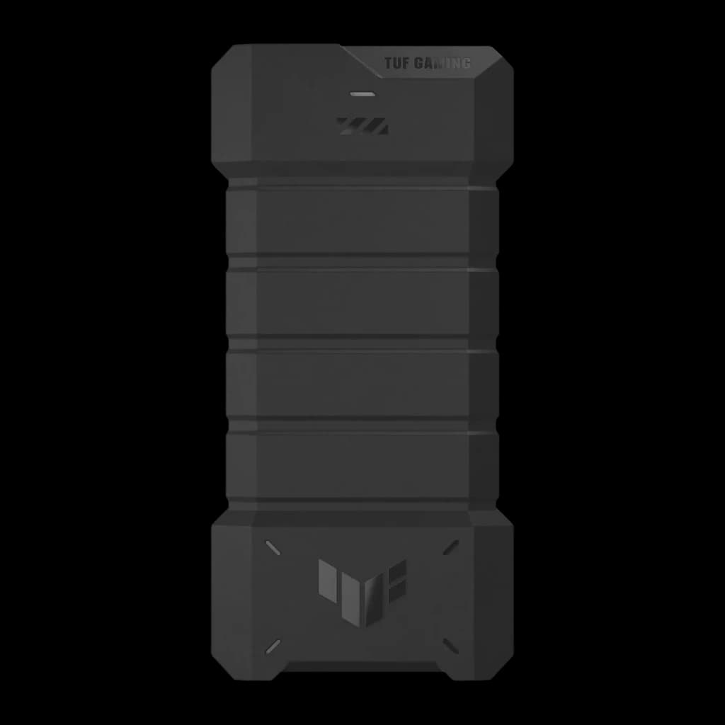 SSD Externe ASUS TUF Gaming AS1000 Plus 1 To IP68 Noir, vue de face: boîtier robuste à nervures, logo TUF et texte TUF