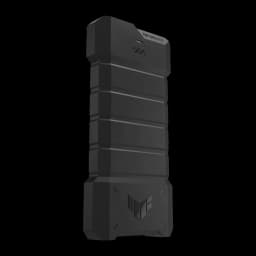 SSD Externe ASUS TUF Gaming AS1000 Plus 1 To IP68 Noir, vue en angle: boîtier nervuré avec logo TUF sur la base