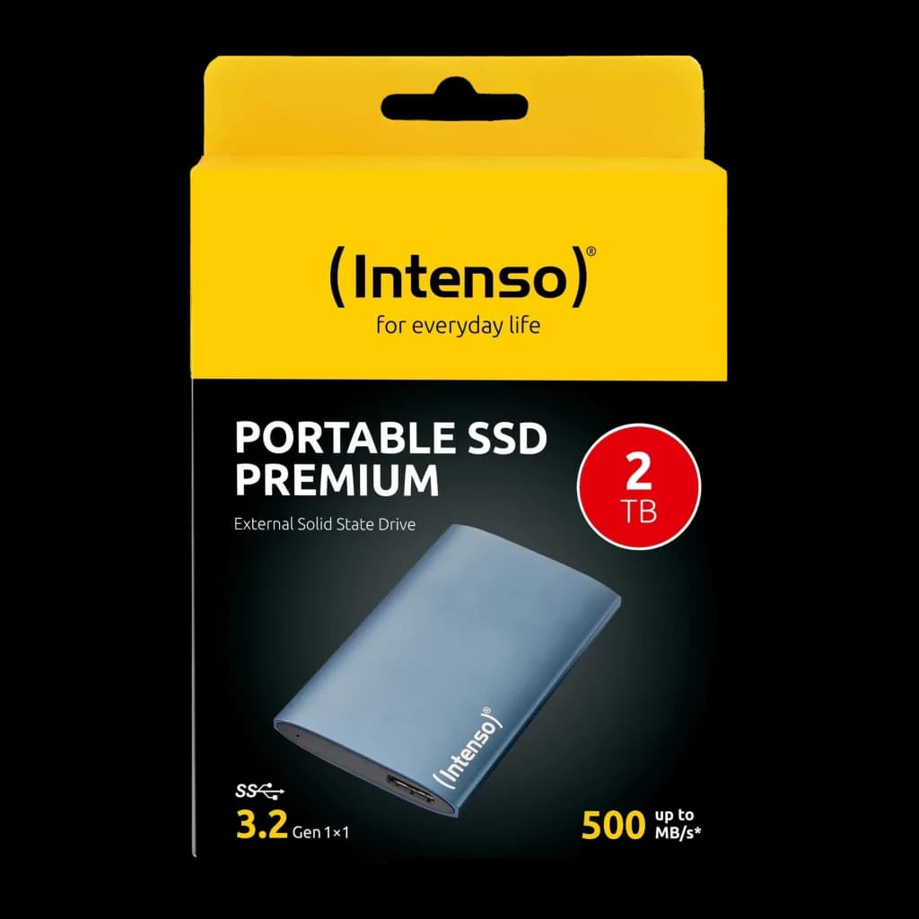 SSD Externo Intenso Premium Edition 2TB 1.8 polegadas USB 3.2 Gen 1 Azul, caixa: embalagem frontal amarela e preta