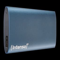 SSD Externo Intenso Premium Edition 2TB 1.8 polegadas USB 3.2 Gen 1 Azul, vista lateral: carcaça de alumínio azul com porta