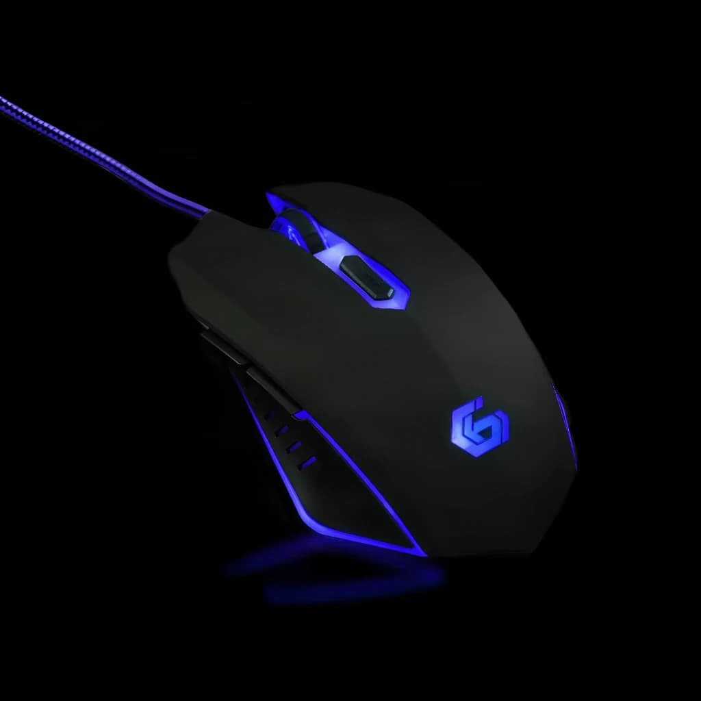Ratón Gaming Gembird 2400 DPI LED Azul MUSG-001-B, vista lateral: iluminación LED azul encendida en logo, scroll y base