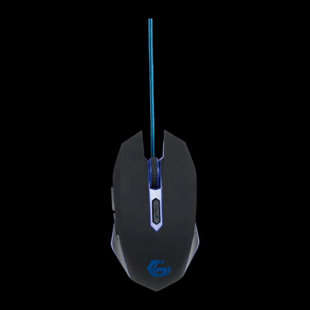 Ratón Gaming Gembird 2400 DPI LED Azul MUSG-001-B, vista superior: logo azul iluminado, scroll y cable trenzado azul visibles