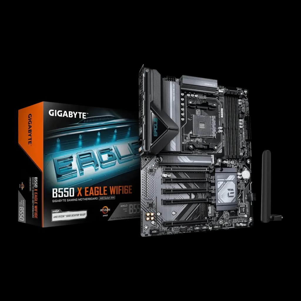 Placa-mãe Gigabyte B550 X Eagle WiFi 6E AMD AM4 DDR4 ATX Castanho, vista principal: placa ATX com caixa e antena WiFi