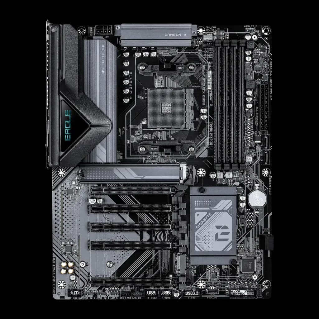 Placa-mãe Gigabyte B550 X Eagle WiFi 6E AMD AM4 DDR4 ATX Castanho, vista superior: socket AM4, slots DDR4, PCIe e dissipador