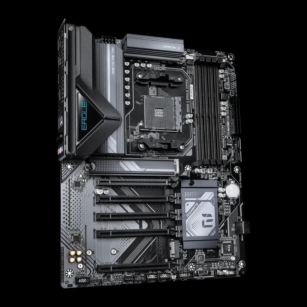 Placa-mãe Gigabyte B550 X Eagle WiFi 6E AMD AM4 DDR4 ATX Castanho, vista frontal em ângulo: socket AM4, slots DDR4