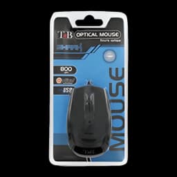 Ratón T'nB Shark Mini USB Negro, packaging frontal: caja blister azul con ratón visible y especificaciones