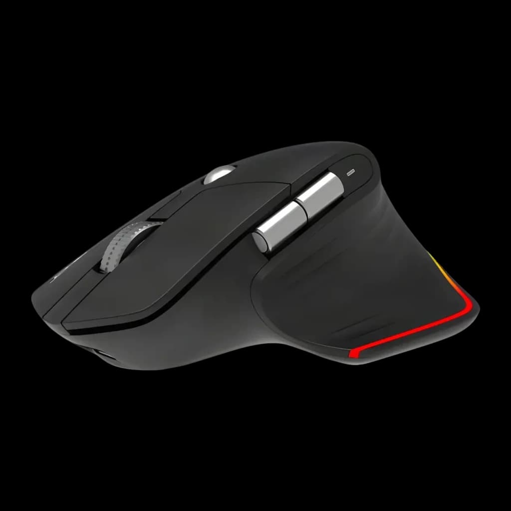 Souris Acer Easy Fit Noir Sans Fil Bluetooth, vue latérale: éclairage RGB rouge sur la base et boutons argentés