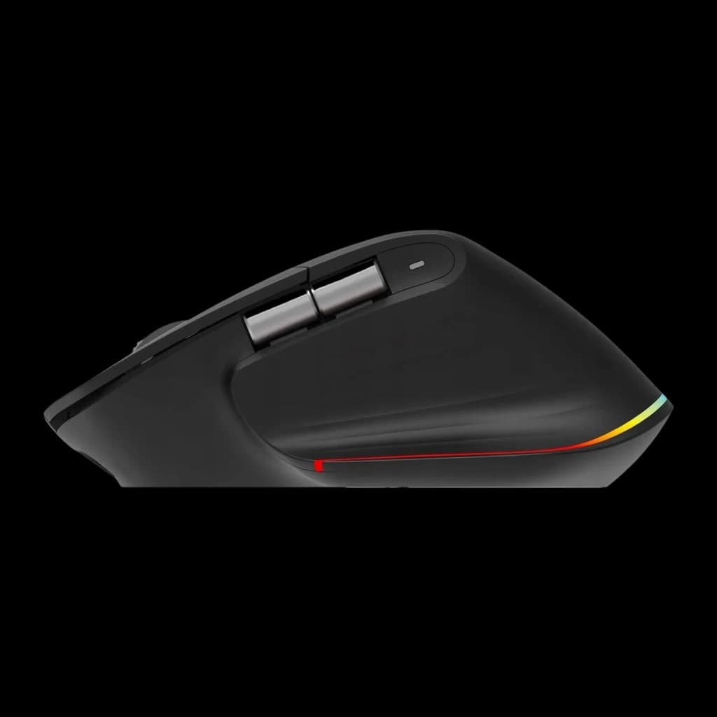Souris Acer Easy Fit Noir Sans Fil Bluetooth, vue latérale: boutons latéraux argentés et éclairage RGB sur la base