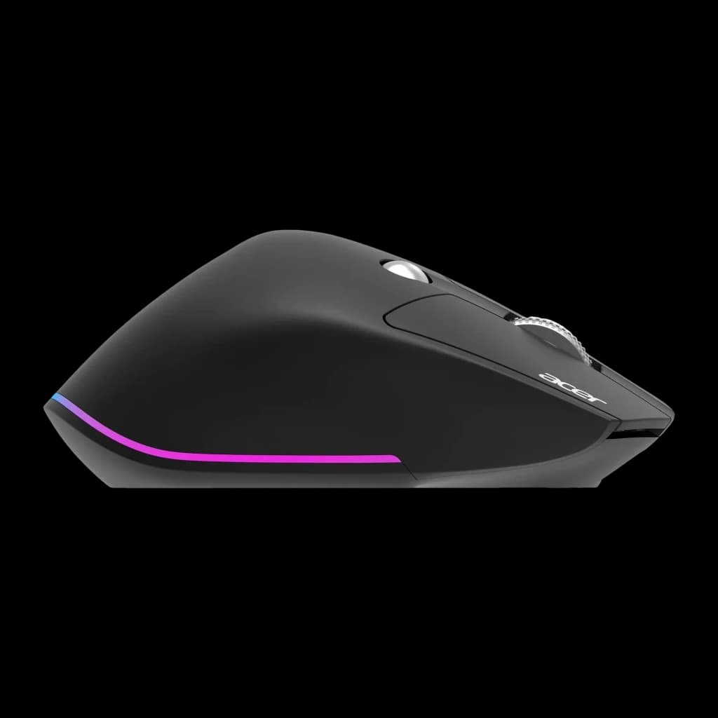 Souris Acer Easy Fit Noir Sans Fil Bluetooth, vue latérale: bandeau RGB dégradé rose-bleu sur la base et molette argentée