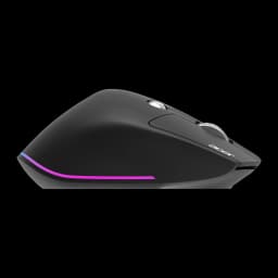 Souris Acer Easy Fit Noir Sans Fil Bluetooth, vue latérale: bandeau RGB dégradé rose-bleu sur la base et molette argentée