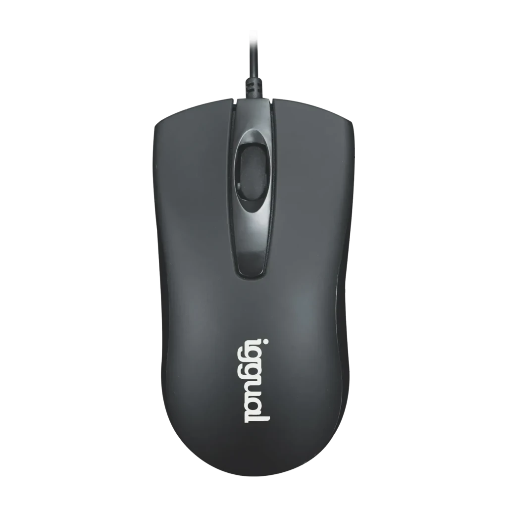 Souris iggual COM-BUSINESS 1200DPI Noir Filaire USB-A Ergonomique, vue de dessus: corps gris, molette et câble visibles