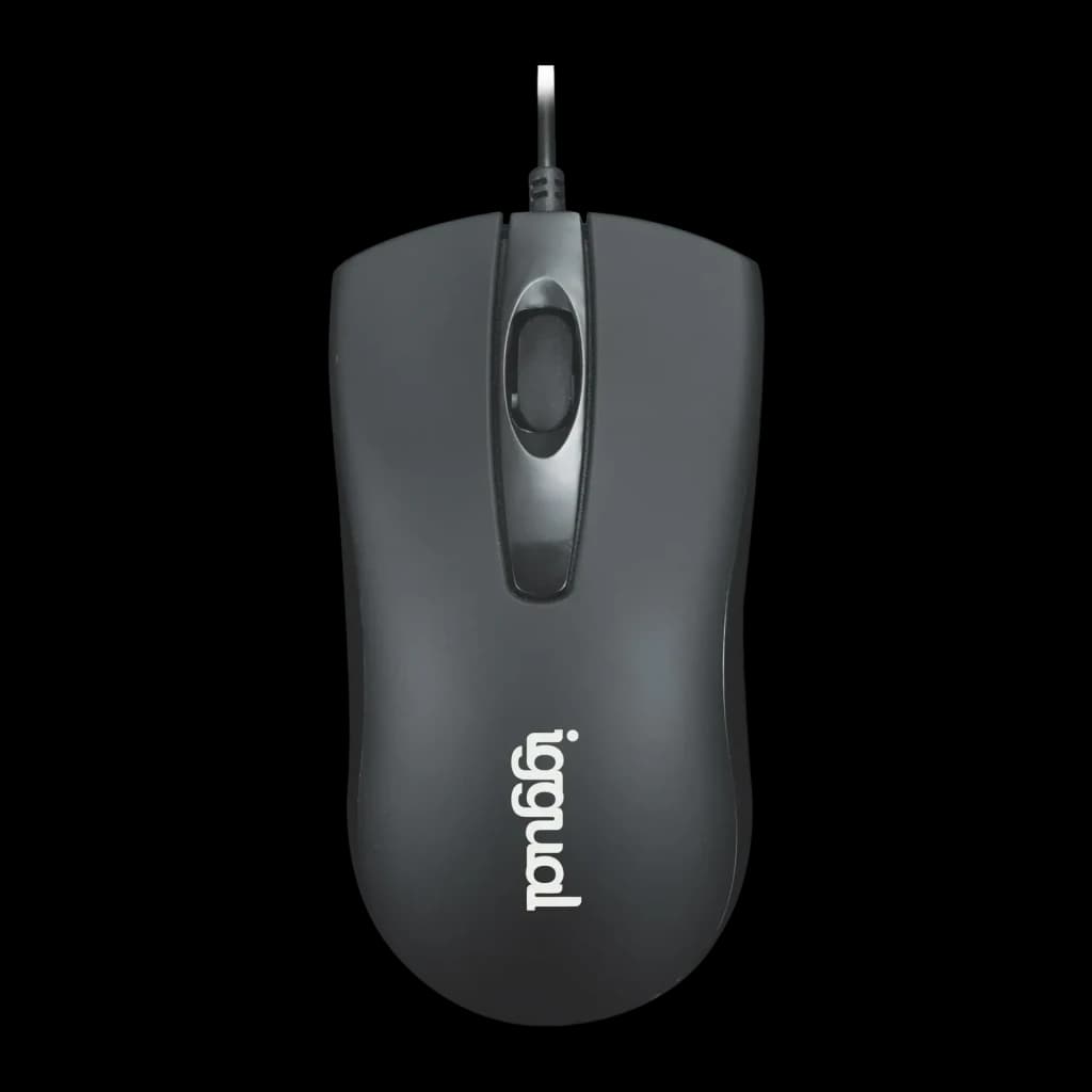 Ratón iggual COM-BUSINESS 1200DPI Negro Con cable USB-A Ergonómico, vista superior: cuerpo gris, rueda de scroll y cable