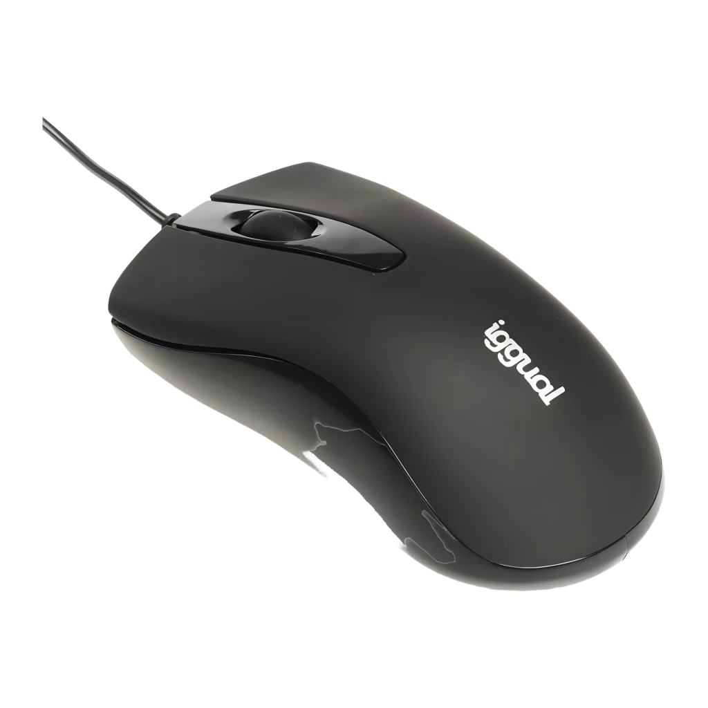 Souris iggual COM-BUSINESS 1200DPI Noir Filaire USB-A Ergonomique, vue latérale: profil droit avec molette et logo iggual