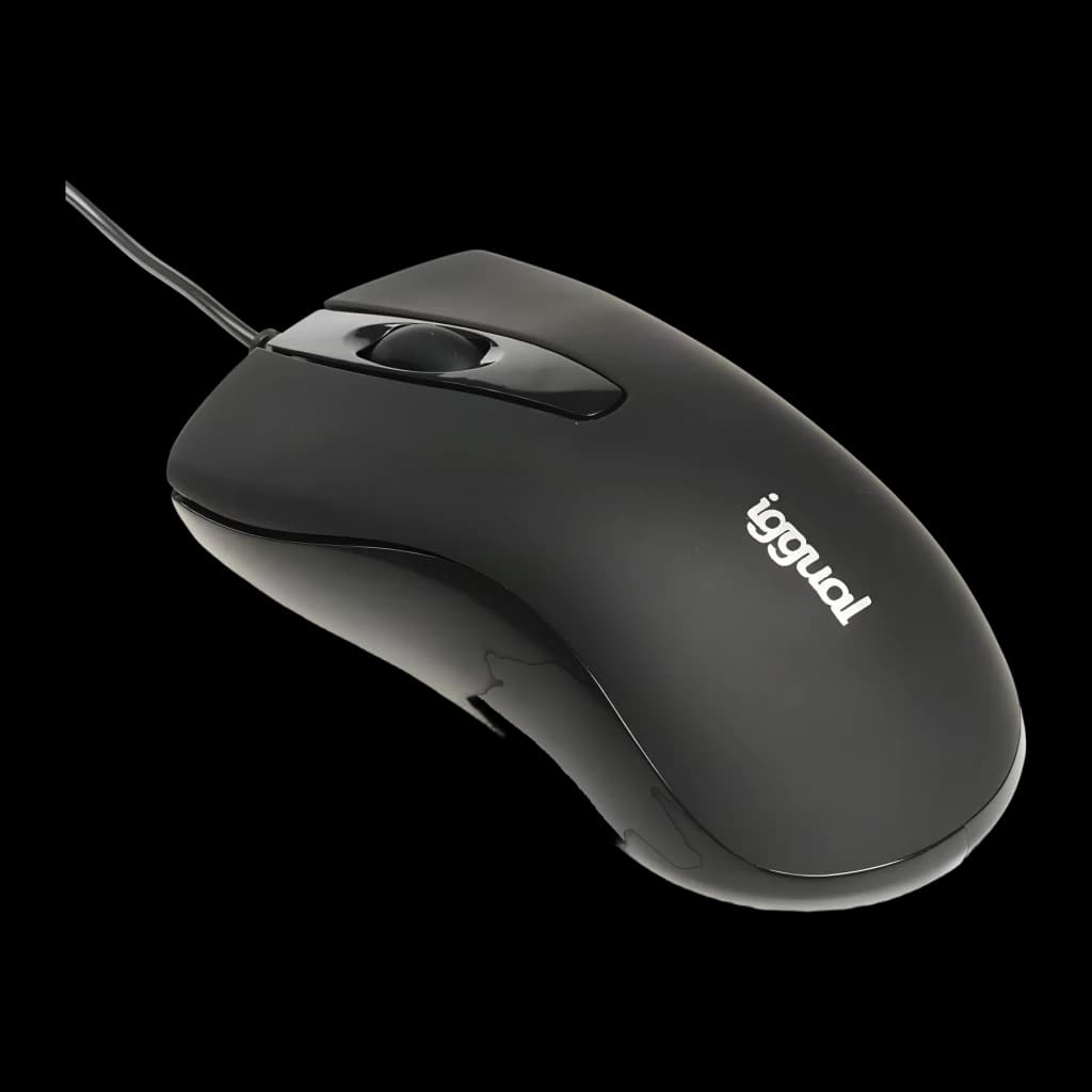 Ratón iggual COM-BUSINESS 1200DPI Negro Con cable USB-A Ergonómico, vista lateral: perfil derecho con rueda y logo iggual