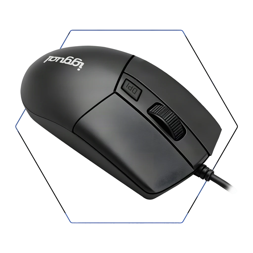 Souris iggual COM-BUSINESS 1200DPI Noir Filaire USB-A Ergonomique, vue dessus latérale: molette de défilement et bouton DPI