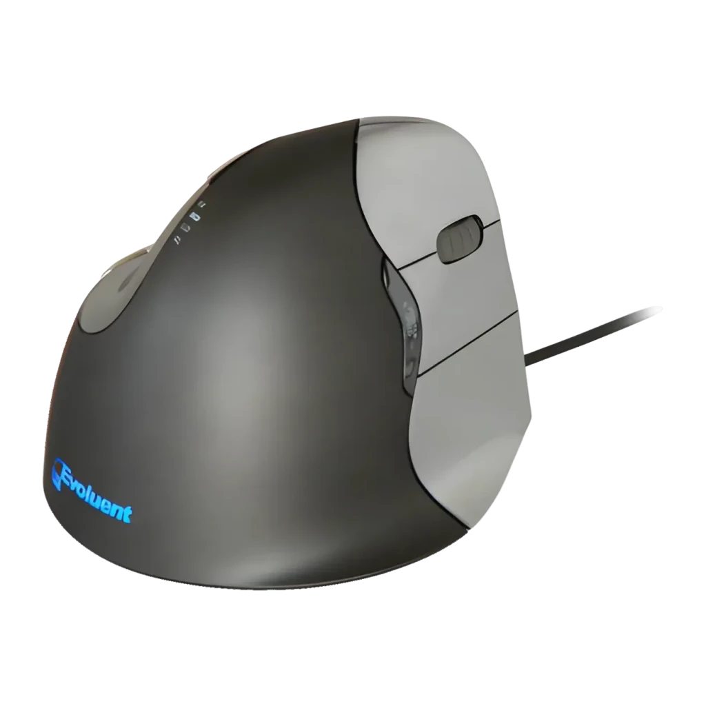 Rato Evoluent VerticalMouse 4 VM4R Prata Cabo USB, vista lateral: forma vertical ergonómica, logótipo azul iluminado e roda