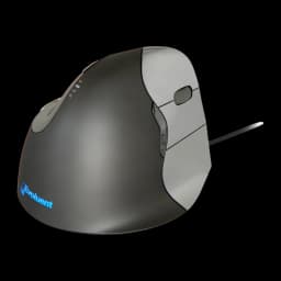 Rato Evoluent VerticalMouse 4 VM4R Prata Cabo USB, vista lateral: forma vertical ergonómica, logótipo azul iluminado e roda