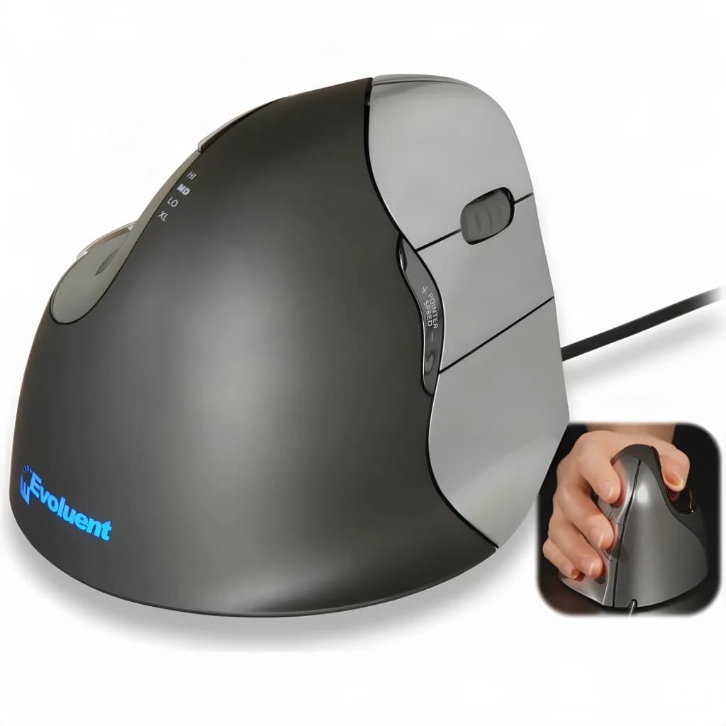 Rato Evoluent VerticalMouse 4 VM4R Prata Cabo USB, vista lateral: forma vertical ergonómica, botões laterais e logótipo