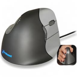 Rato Evoluent VerticalMouse 4 VM4R Prata Cabo USB, vista lateral: forma vertical ergonómica, botões laterais e logótipo