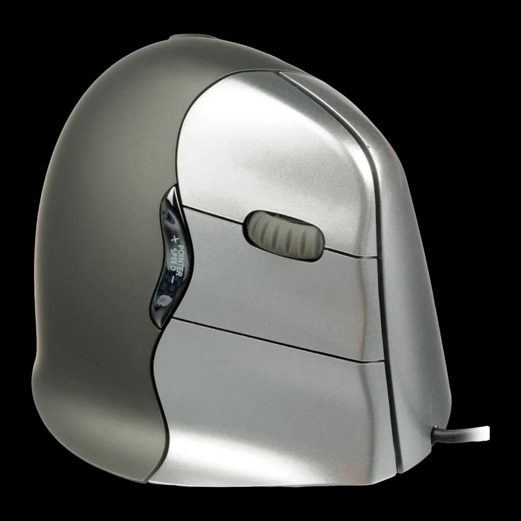 Rato Evoluent VerticalMouse 4 VM4R Prata Cabo USB, vista lateral: roda de scroll, botões Pointer Speed e forma ergonómica
