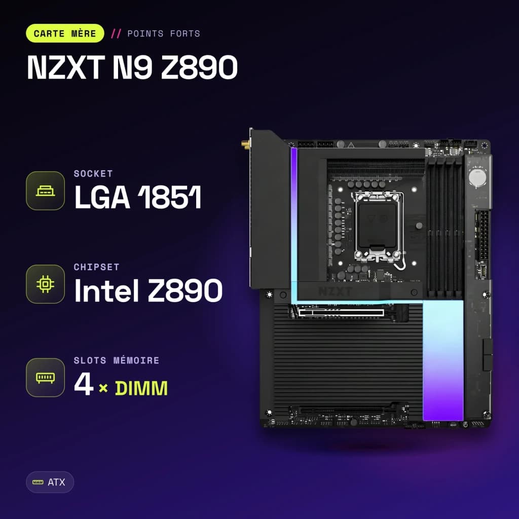 Carte mère NZXT N9 Z890 Intel LGA1851 DDR5 ATX WiFi 7 Noir - caractéristiques