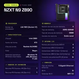 Carte mère NZXT N9 Z890 Intel LGA1851 DDR5 ATX WiFi 7 Noir - caractéristiques