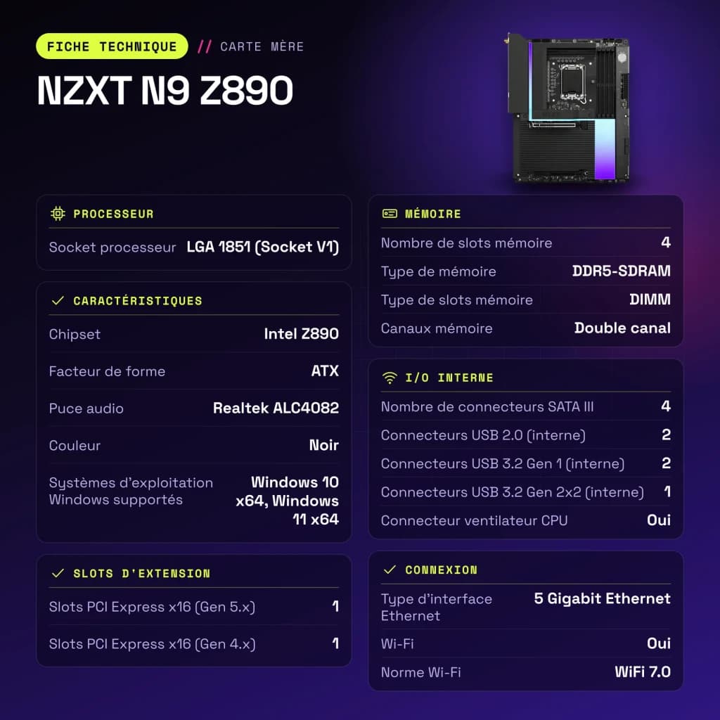 Carte mère NZXT N9 Z890 Intel LGA1851 DDR5 ATX WiFi 7 Noir - caractéristiques