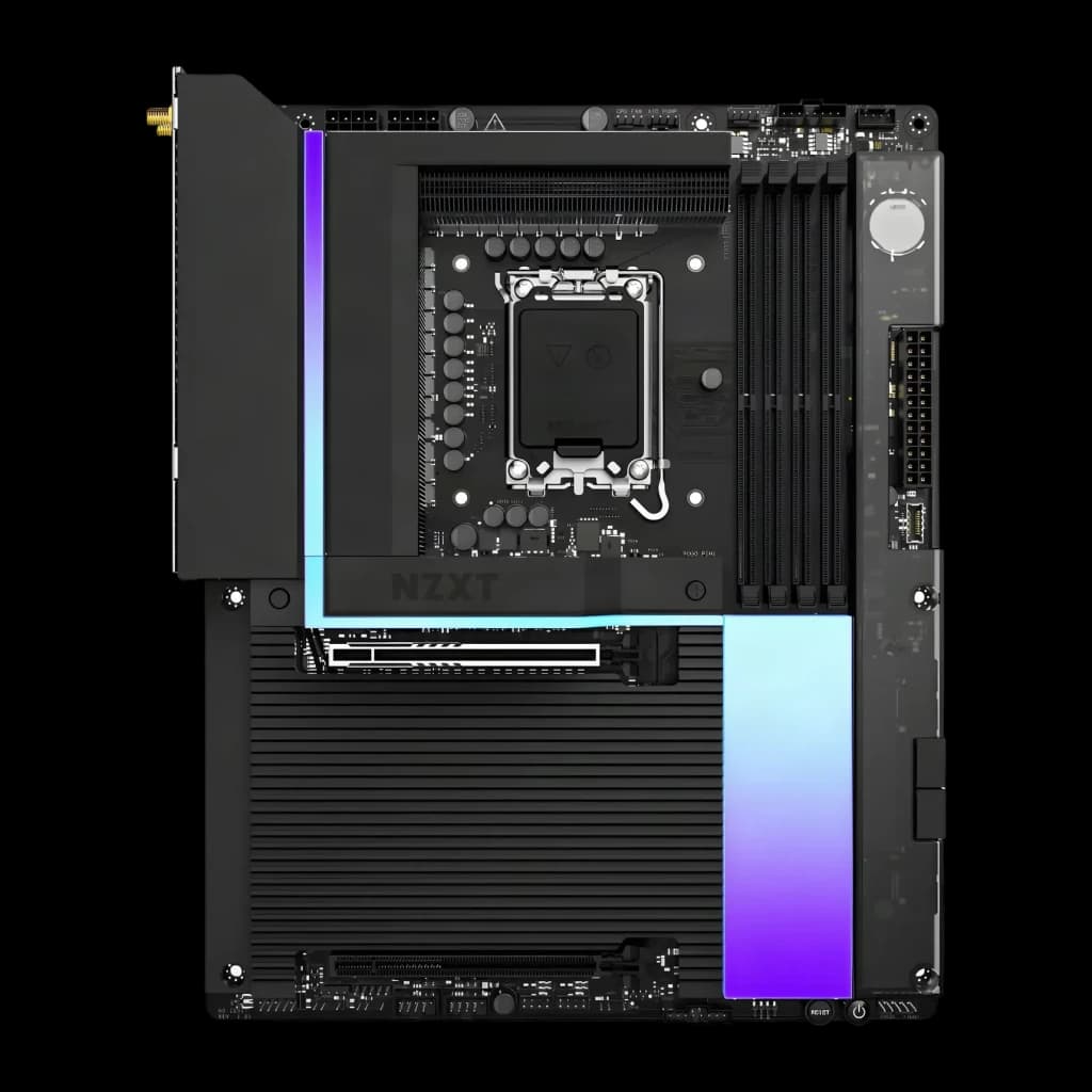 Carte mère NZXT N9 Z890 Intel LGA1851 DDR5 ATX WiFi 7 Noir, vue de face: socket LGA1851, slots DDR5 et RGB latéral