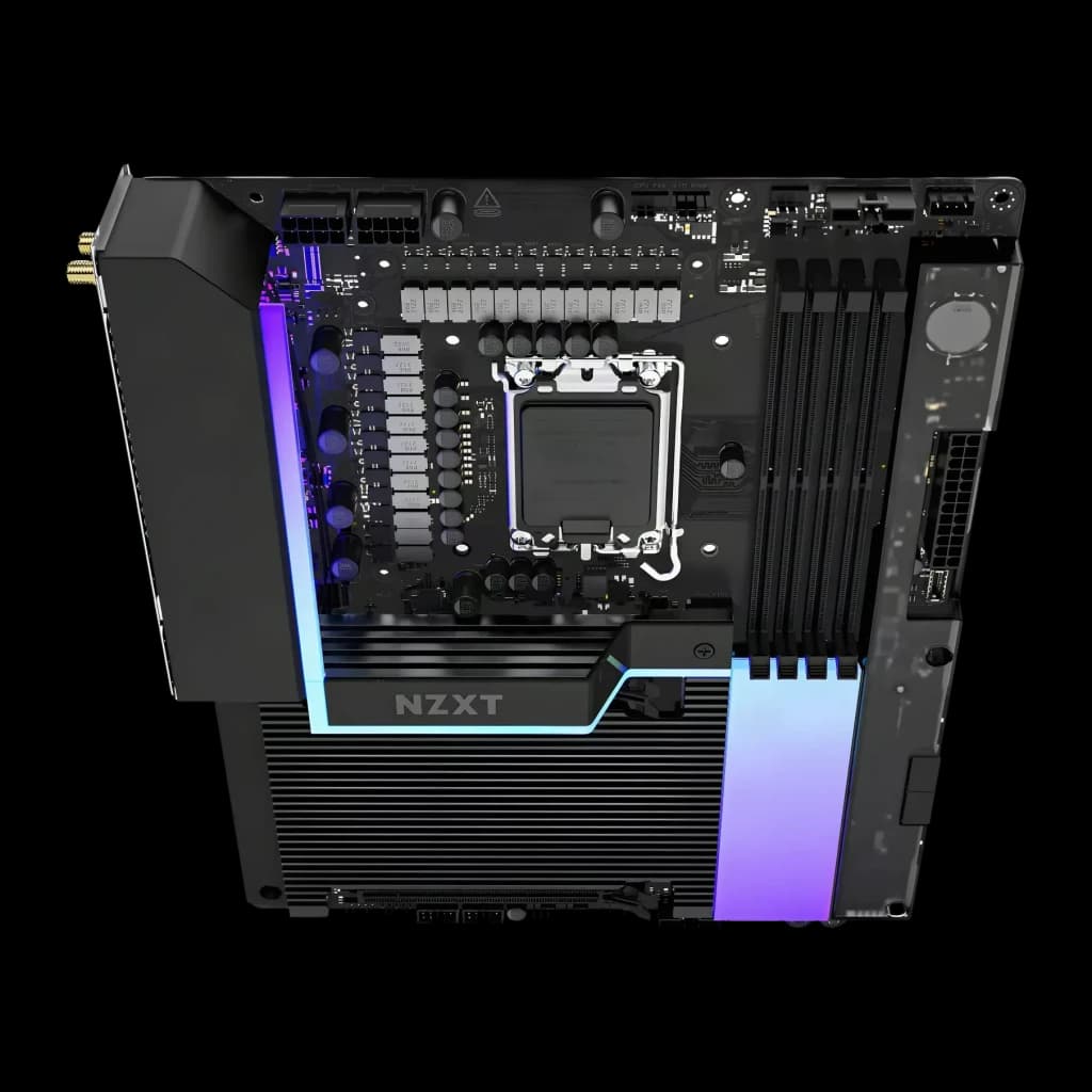 Carte mère NZXT N9 Z890 Intel LGA1851 DDR5 ATX WiFi 7 Noir, vue en angle: socket LGA1851, VRMs et éclairage RGB latéral