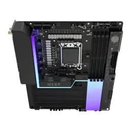 Carte mère NZXT N9 Z890 Intel LGA1851 DDR5 ATX WiFi 7 Noir, vue en angle: socket LGA1851, VRMs et éclairage RGB latéral