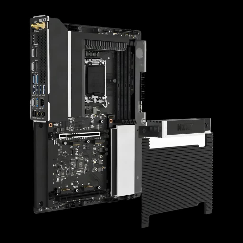 Carte mère NZXT N9 Z890 Intel LGA1851 DDR5 ATX WiFi 7 Noir, vue en angle: support PCIe amovible, dissipateur nervuré